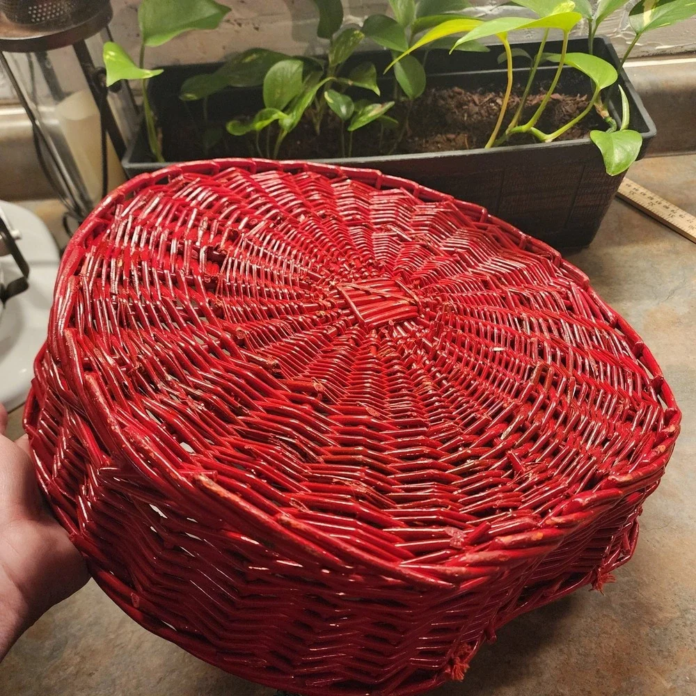 Vintage Red Wicker Apple Shaped Large Basket With Green Stem, Serving